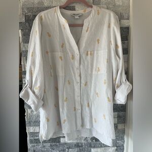 Women's NINE WEST Viscose White Shirt, Pineapple Print, Collarless V-Neck-XL